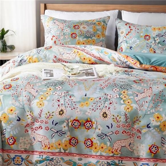 NEW Anthro Blue Jungle Multicolor Boho Queen / King Bedding Duvet & Sham Case - Picture 7 of 14
